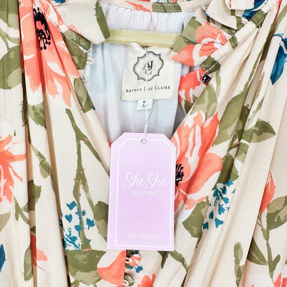 NWT Arthur Jane Claire Ruffle Neck Floral Long Sleeve Button Up Midi Dress Large - Picture 5 of 14